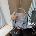 Blue floral fabric crossbody bag with leather bow and cute brown teddy bear pendant - Blue with Charm