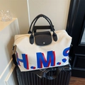 Borsa tote in tela bianco avorio con stampa H.M.S., manici neri e tracolla regolabile in spalla - Bianco Sporco