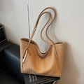Brown woven faux leather tote bag with V-shaped texture and a colorful beaded tassel - With Ornament / Khaki