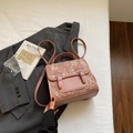 Mini pink leather backpack for women with floral patchwork and silver buckle accents - Dark Khaki Without Pendant