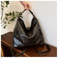 Large dark brown oil wax leather shoulder bag with vintage dual zipper design - Black