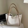 Chic beige woven tote bag with brown leather handles for work and commute - No Pendant / Off White
