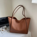 Minimalist large tote bag in dark brown with woven texture for daily commute - No Pendant / Brown