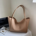 Minimalist large brown woven tote bag with V-shaped texture for daily commuting - No Pendant / Khaki