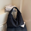 Large black nylon hobo tote bag with textured fabric and wide shoulder strap style - Black