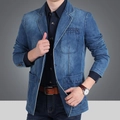 Men's blue washed denim blazer with notched lapel and white contrast stitching detail - M / Light Blue