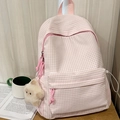 Cute pink and white plaid school backpack for students with a small plush bear keychain - Pink (With Pendant)