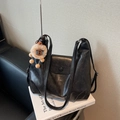 Large black crossbody tote bag in textured leather with a cute sheep charm pendant - Black with Pendant