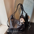 Retro dark coffee large tote bag in matte PU leather with a cute sheep charm - Coffee with Pendant