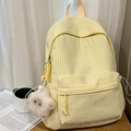 Cute school backpack with yellow plaid pattern and plush charm for college students - Yellow (With Pendant)