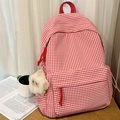 Sac à dos d'école à carreaux vichy rouge et blanc avec breloque peluche mignonne - Rouge (Avec Pendentif)