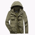 Giacca outdoor da uomo verde militare con cappuccio, tasche multiple e tessuto impermeabile - M / Cachi