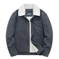 Heren vintage corduroy jas met dikke witte sherpa voering in marineblauw plat neergelegd - M / Grijs