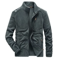 Men's dark grey fleece jacket with stand collar and orange zipper details for winter - M / Tops / Dark Gray