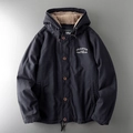 Men's navy blue fleece-lined workwear jacket with warm sherpa hood and button front - M / Black