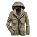 Men's outdoor hooded work jacket with multi-pocket design and classic embroidery - M / Khaki