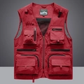 Dark red multi-pocket outdoor cargo vest with breathable mesh and utility zippers - 3XL / Red