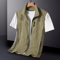 Men's olive green outdoor vest with breathable side mesh and standing collar - M / Khaki