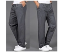Detail of grey casual pants showing the comfortable elastic waistband and side pockets - M / Iron Grey