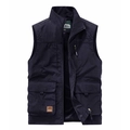 Men's navy blue outdoor multi-pocket cargo vest with stand collar and leisure leather label - Dark Blue