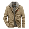 Men's khaki canvas N1 deck jacket with thick fleece lining and buttoned front - M / Khaki