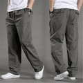 Front and back view of men's casual straight-leg cotton trousers with elastic waist - 6XL / Army Green