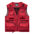 Men's red multi-pocket mesh outdoor vest for photography and fishing adventures - Red