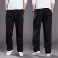Men's loose fit cotton casual pants in black featuring elastic waist and straight leg cut - 6XL / Black