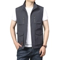Men's outdoor utility vest in dark grey featuring a stand collar and multi-pocket design - M / No Label Gray