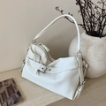 Minimalist creamy white lychee grain tote bag with elegant metallic buckle detail - White