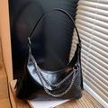 Chic black patent leather hobo bag with stylish silver metal double chains - Black