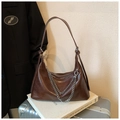 Dark brown leather dumpling shoulder bag with silver chain and adjustable strap - Brown