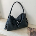 Black pebbled leather oversized hobo tote bag with silver buckle and top zip closure - Black