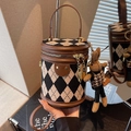 Quilted cylinder bucket bag in brown leather and plaid fabric with bunny charm - Brown with Pendant