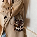 Brown argyle bucket bag with plush bunny charm and adjustable crossbody shoulder strap - Coffee with Pendant