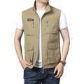 Gilet multitasche da uomo color kaki con colletto alla coreana e cerniera robusta - Taglia M / Con Etichetta Cachi