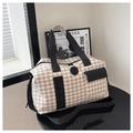 Borsa da viaggio capiente con motivo pied de poule marrone e bianco e tasche con cerniera - Cachi