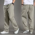 Men's loose straight-leg cotton cargo pants in light khaki with elastic waist - 6XL / Light Gray