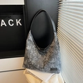 Dark gray floral jacquard hobo bag with black leather shoulder strap in a minimalist style - Black