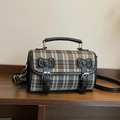 Retro geruite crossbodytas in grijs en bruin met zwarte leren strikaccenten - Zwart