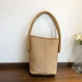 Fashionable woven bucket bag in beige with brown leather ring handles for women - Brown
