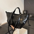 Retro black glossy tote bag with vertical stitching and detachable shoulder strap - Black