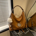 Caramel brown vintage hobo bag with metal M logo, plush cloud charm and chain strap - Brown with Pendant