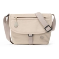 Dettaglio borsa a tracolla in nylon beige con logo ms tondo e tracolla regolabile - Cachi