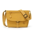 Vista dettagliata della borsa a tracolla giallo zenzero con patta e zip - Giallo