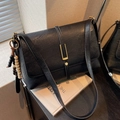 Retro black PU leather crossbody bag featuring gold buckle and beaded tassel detail - Black with Pendant