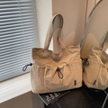 Khaki nylon tote bag with three drawstring pockets and large capacity shoulder design - Khaki