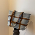 Retro denim tote bag in light blue with brown leather handles and golden studs - Light Blue