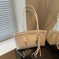 Creamy white large tote bag with elegant engraving and woven charm for daily commuting - Off-White (With Pendant)