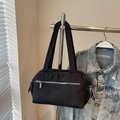 Minimalist black large capacity nylon tote bag with silver zippers and wide straps - Black